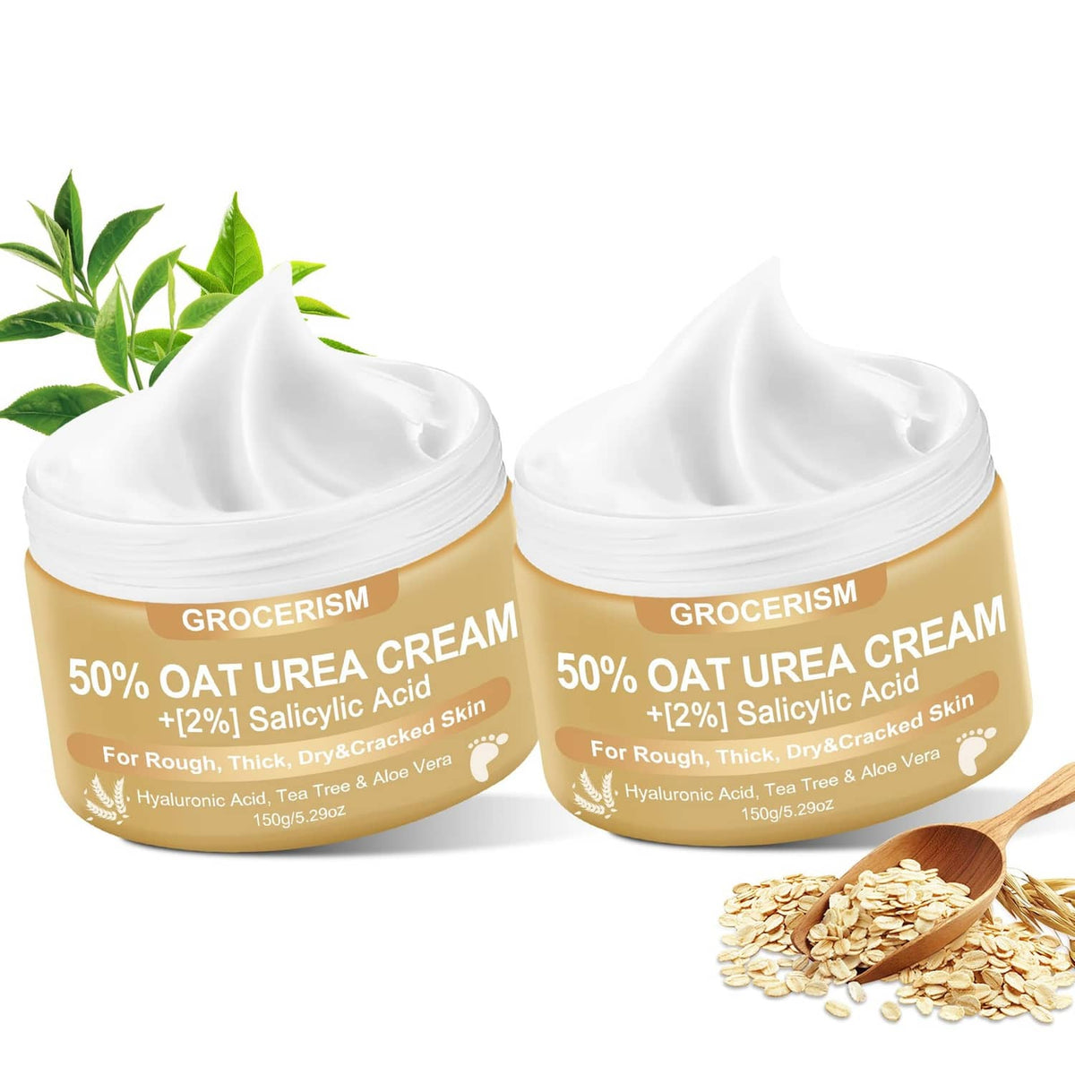 50% oat urea foot cream jars with gold labels and white screw lids