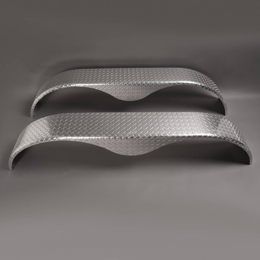 Silver teardrop tread plate trailer fender set, close view of curved profiles and edge