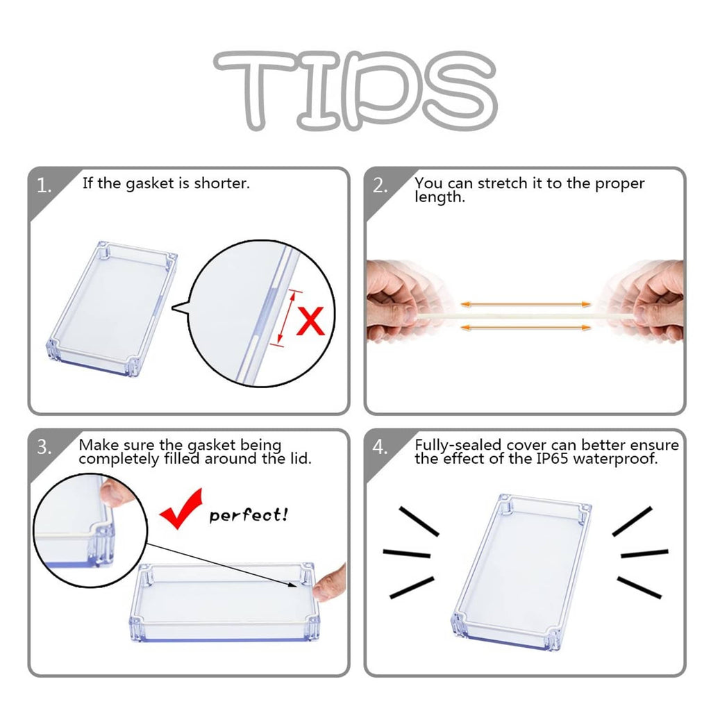Junction box gasket installation tips graphic with seal stretch and full-coverage check