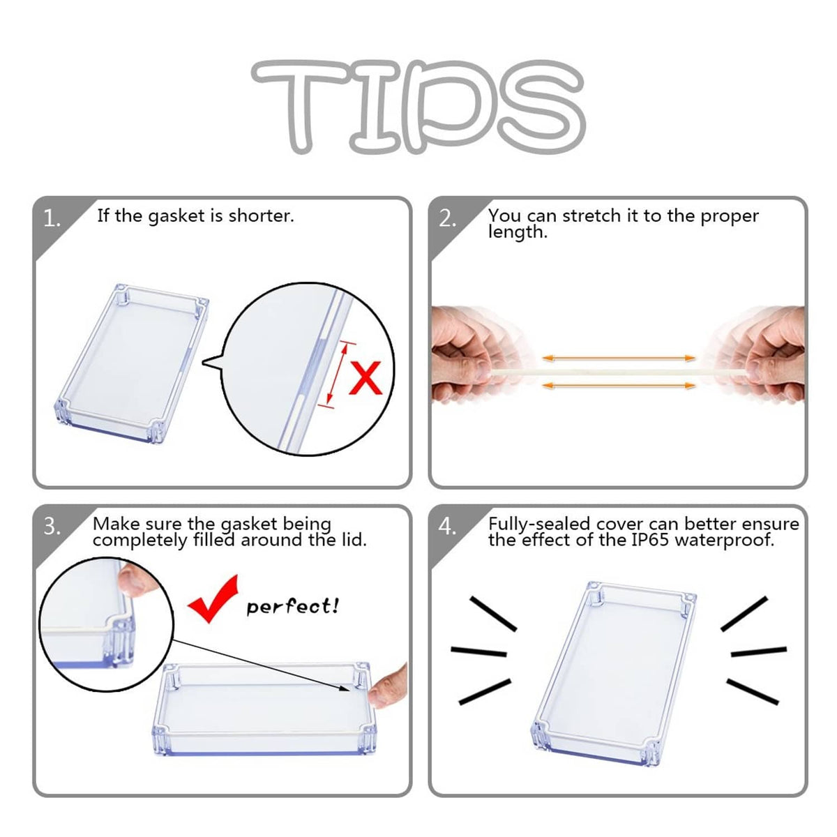 Junction box gasket installation tips graphic with seal stretch and full-coverage check
