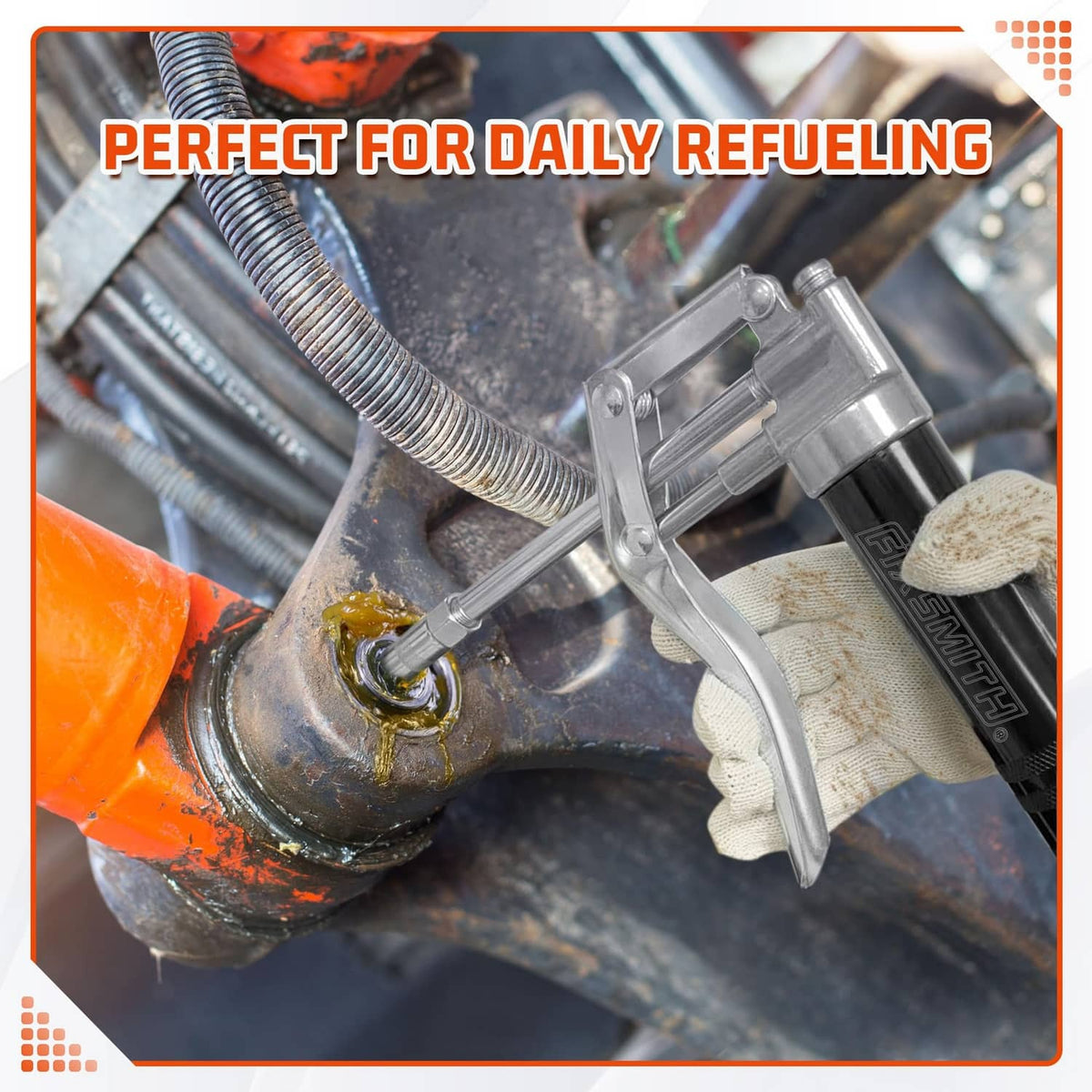 Grease gun nozzle connected to a grease fitting on machinery