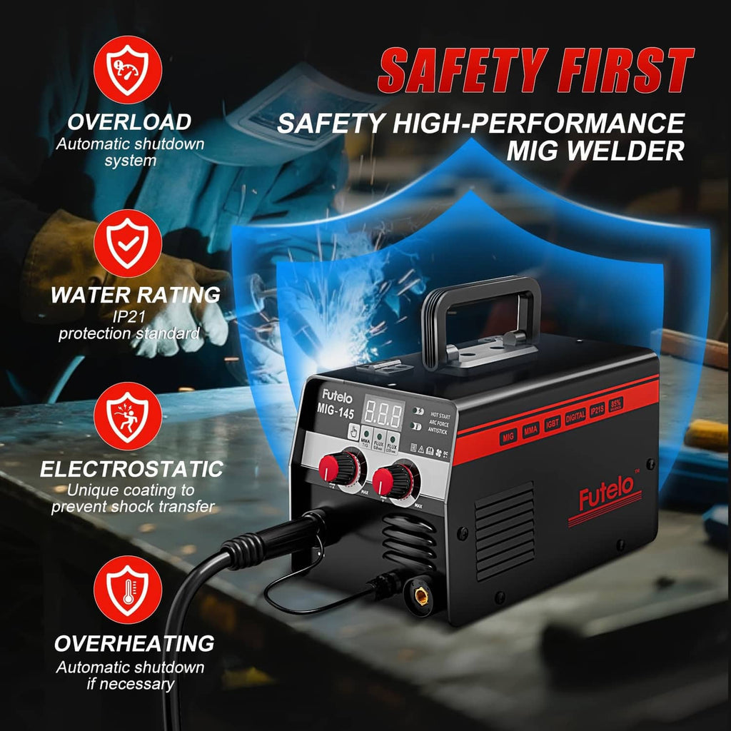 Futelo MIG welder with safety icons for overload protection and water rating IP21