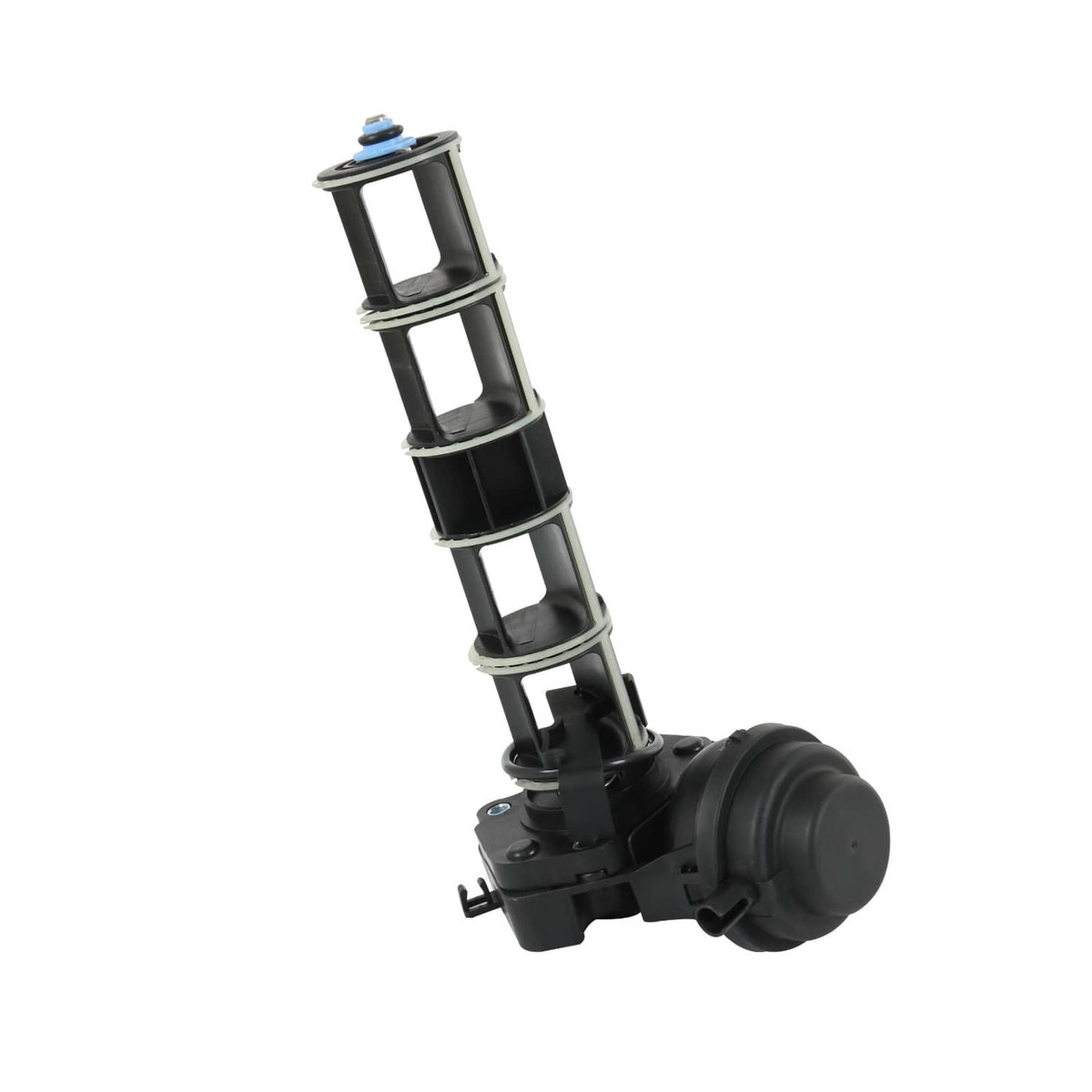 Rotary intake valve unit with black base, vertical cylinder housings, and blue top fastener