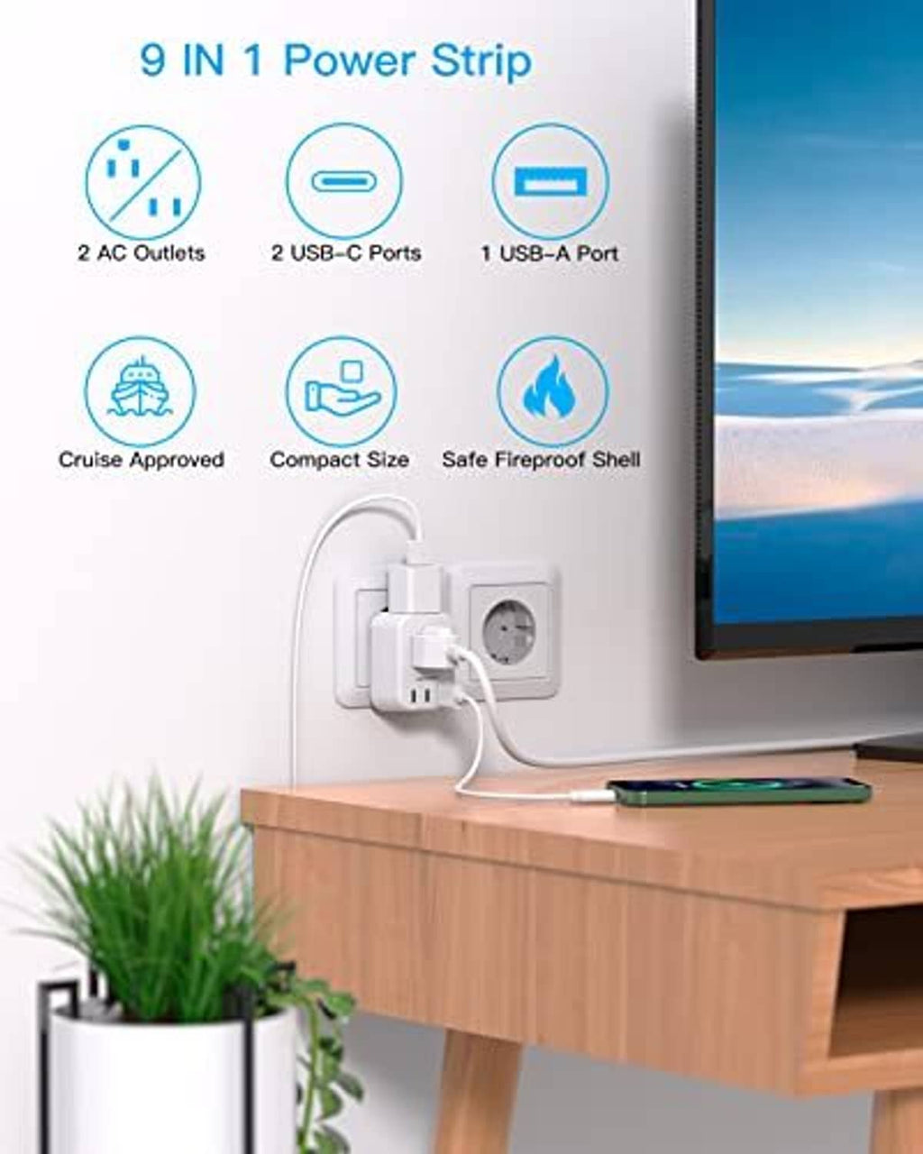 Travel plug adapter with built-in outlets and USB charging ports next to a power strip