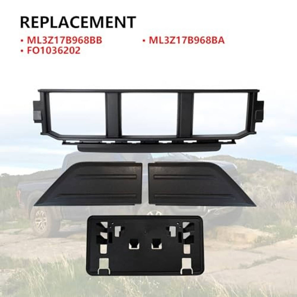 Front bumper grille kit with black grille frame, guard pads, and license plate bracket