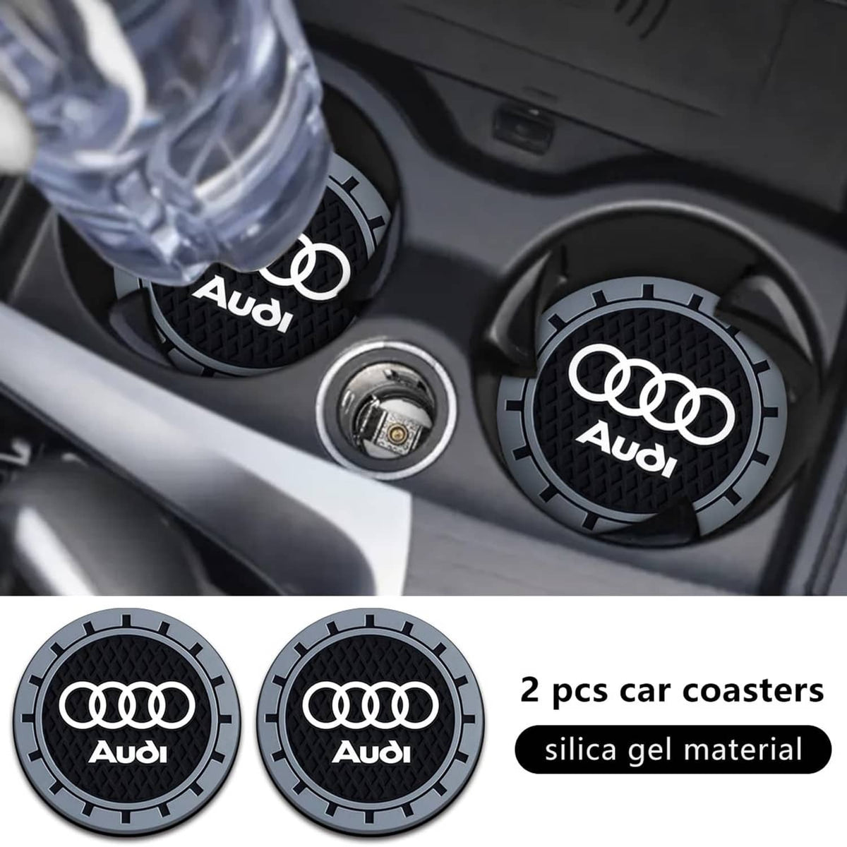 Two Audi logo car cup holder coasters, black textured inserts with grey outer ring