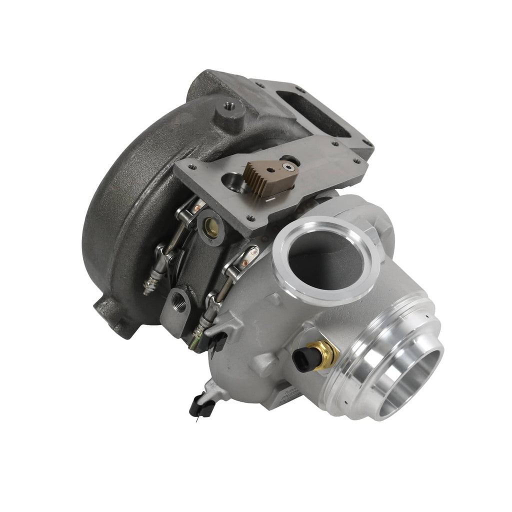 Turbocharger side view showing actuator linkage, mounting plate, and sensor ports