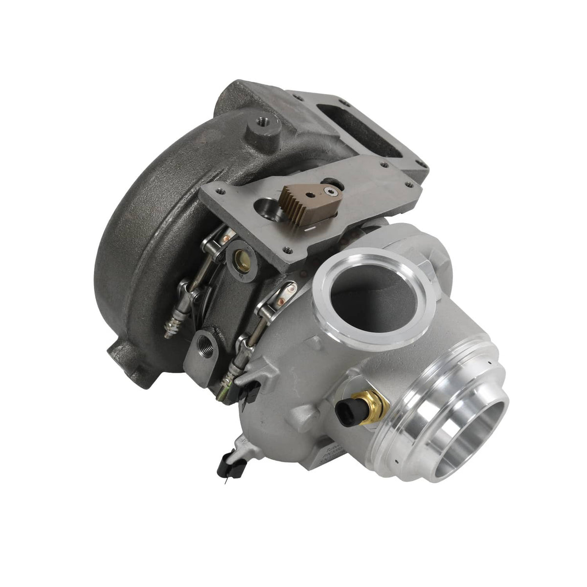 Turbocharger side view showing actuator linkage, mounting plate, and sensor ports