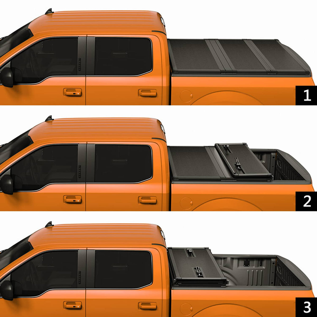 Hard tri-fold tonneau cover shown open on pickup bed, black panels and rails