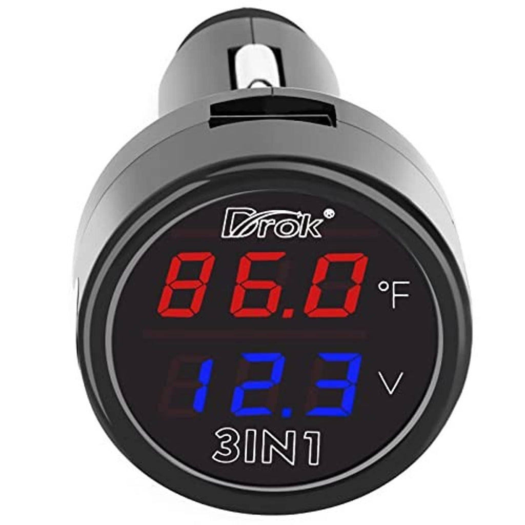 Black digital car charger monitor showing red °F temperature, blue V voltage, 3IN1
