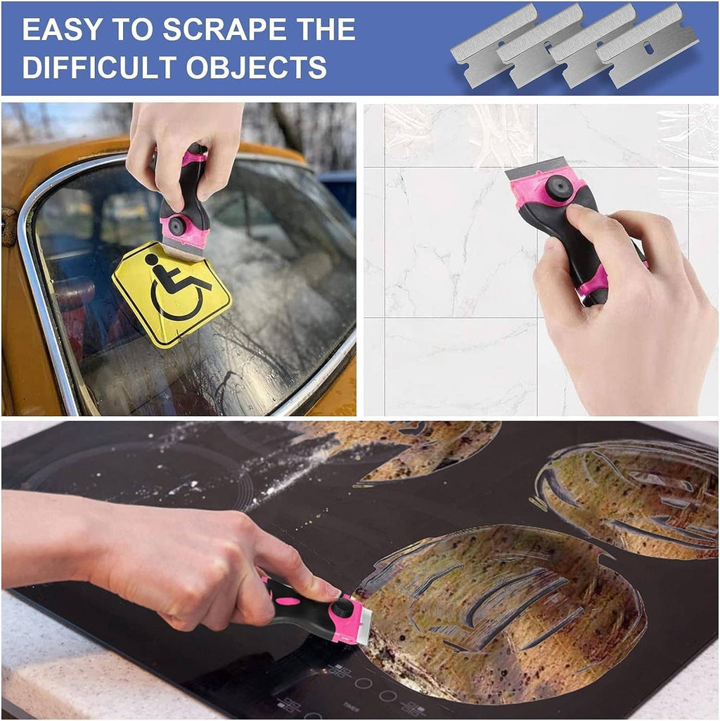 Razor blade scraper tool with pink handle and exposed metal blade for heavy-duty scraping