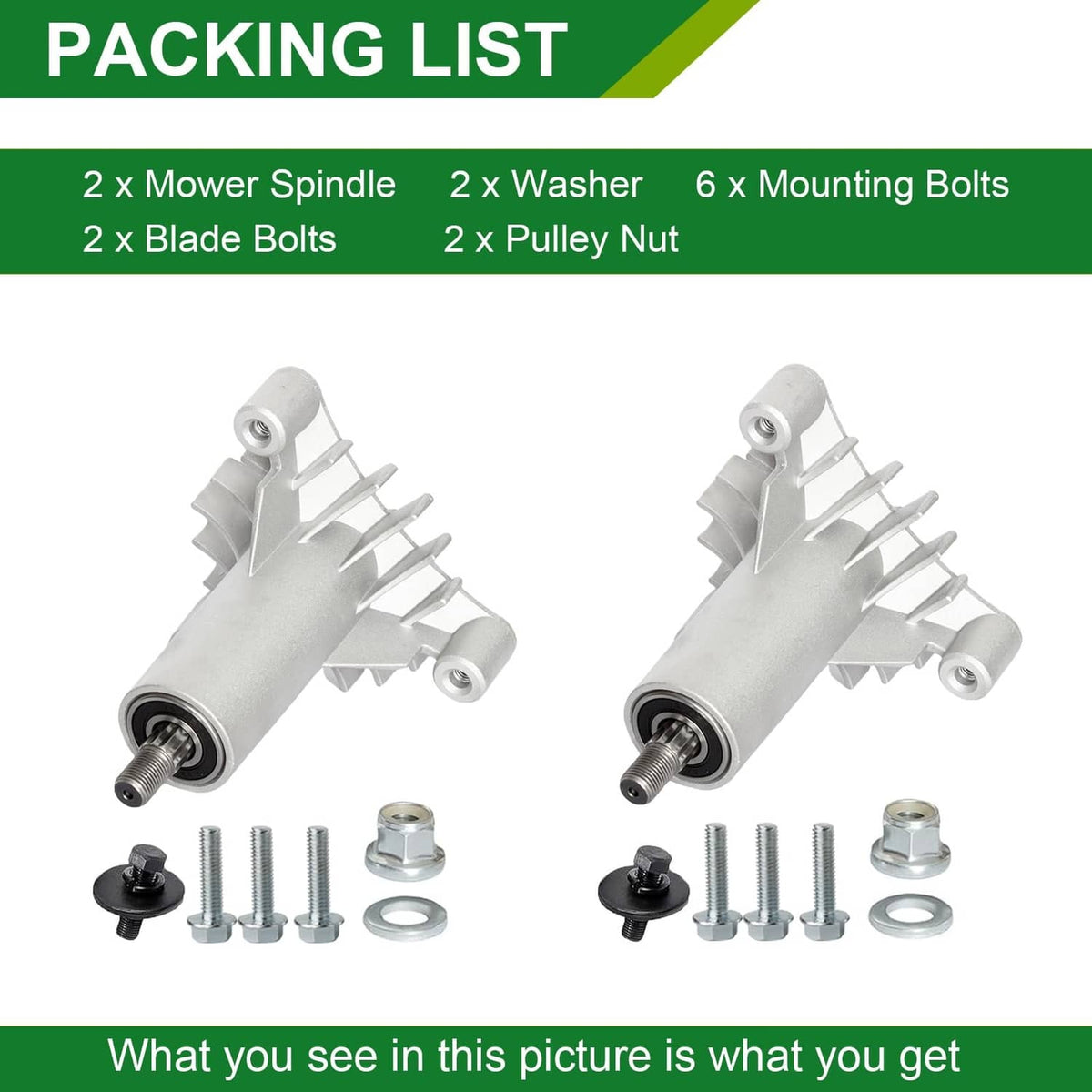 Mower spindle assembly parts with blades, blade bolts, washers, and mounting bolts