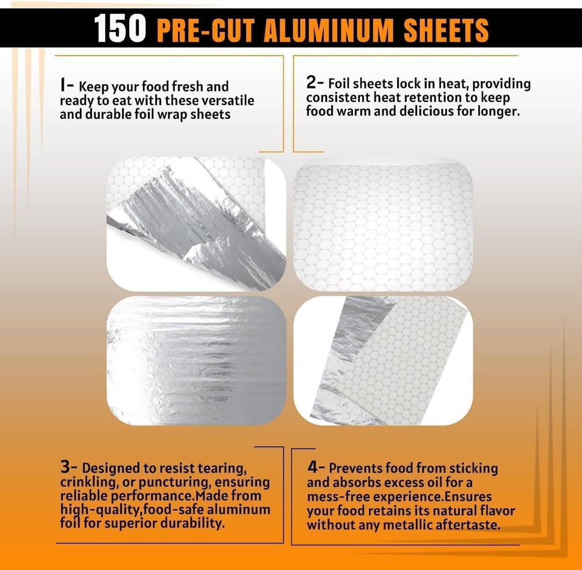 Set of aluminum foil wrapping sheet samples: silver side and hex-patterned side