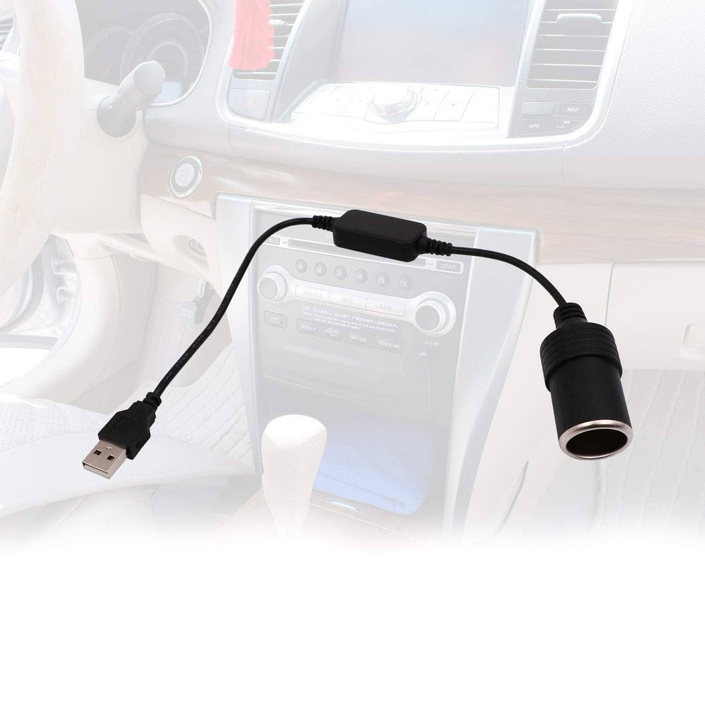 Black USB-A to 12V car lighter converter cable with USB-A plug and socket port