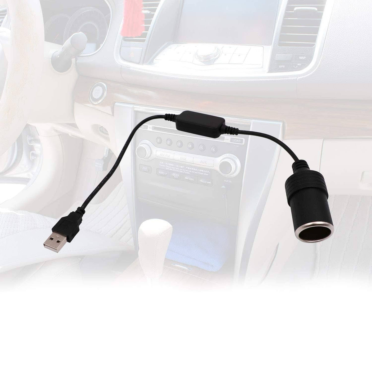Black USB-A to 12V car lighter converter cable with USB-A plug and socket port