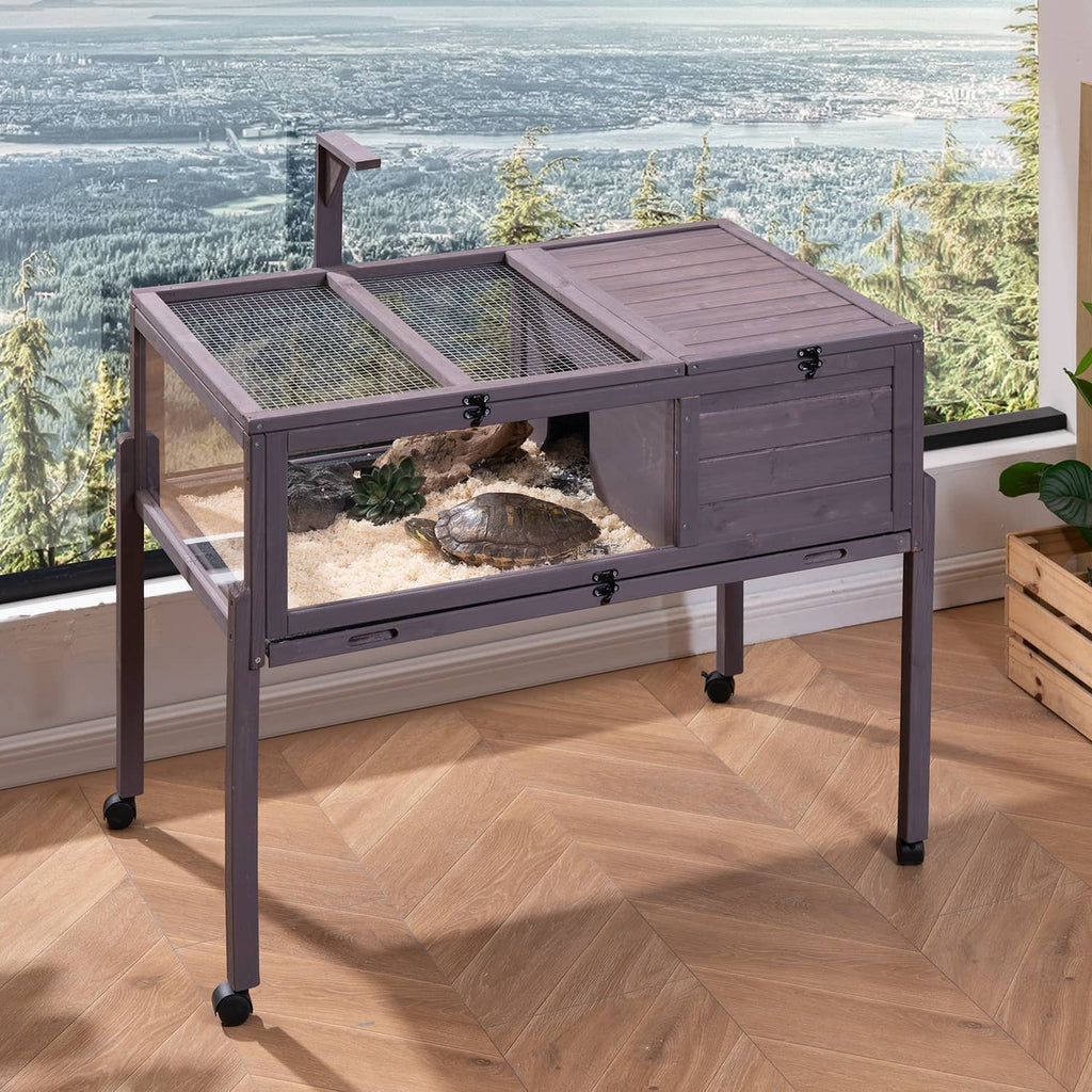 Gray wooden tortoise habitat with metal mesh top, front door, and reptile enclosure