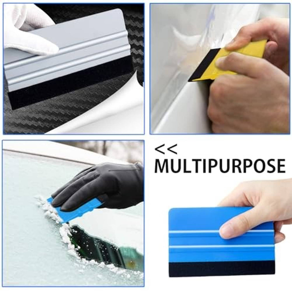 Vinyl wrap squeegee with gray and black felt edge and yellow tip for film smoothing