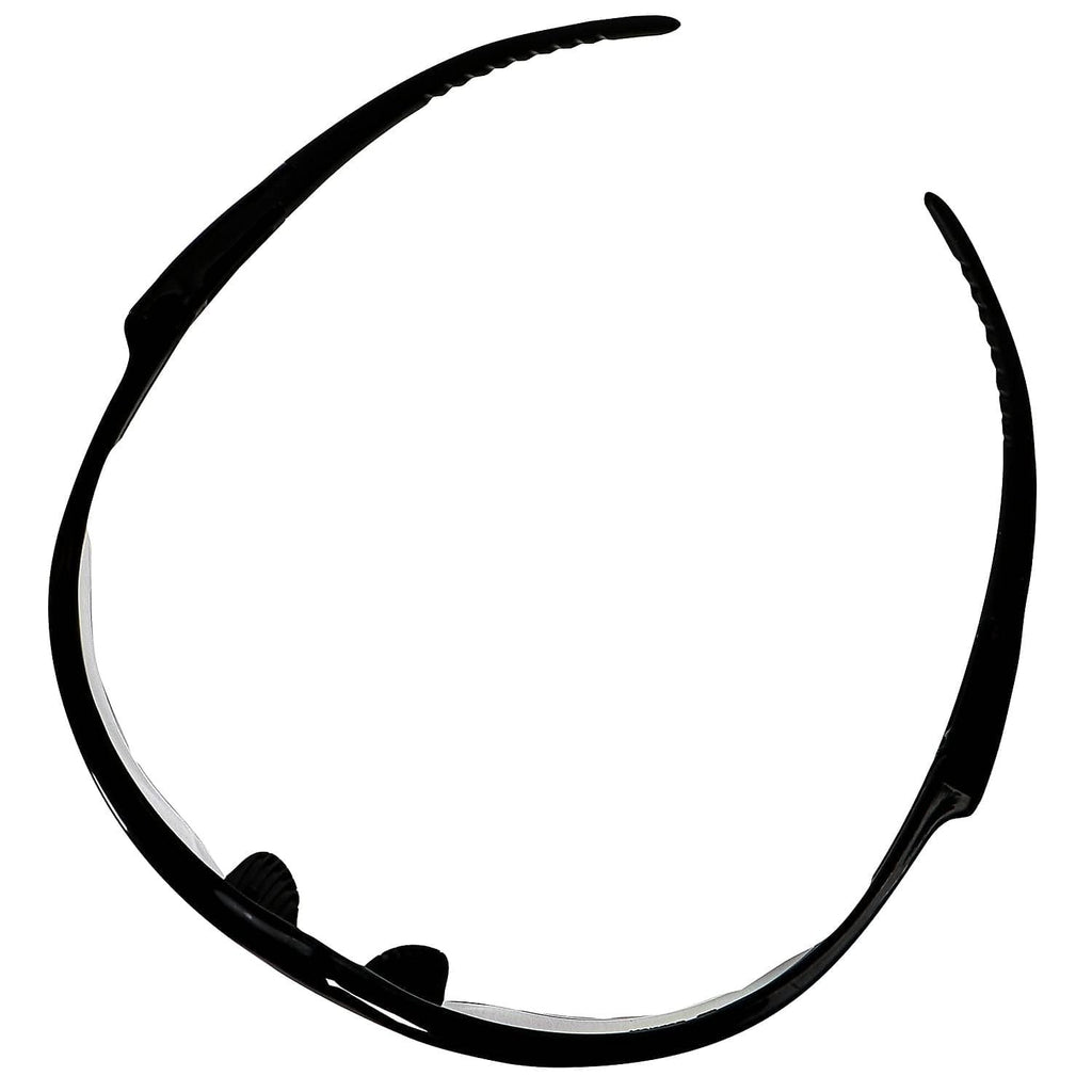 Black safety eyewear frame close-up with curved temple and lens rim