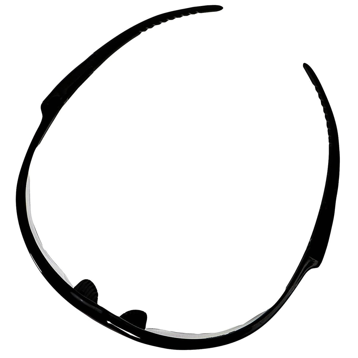 Black safety eyewear frame close-up with curved temple and lens rim