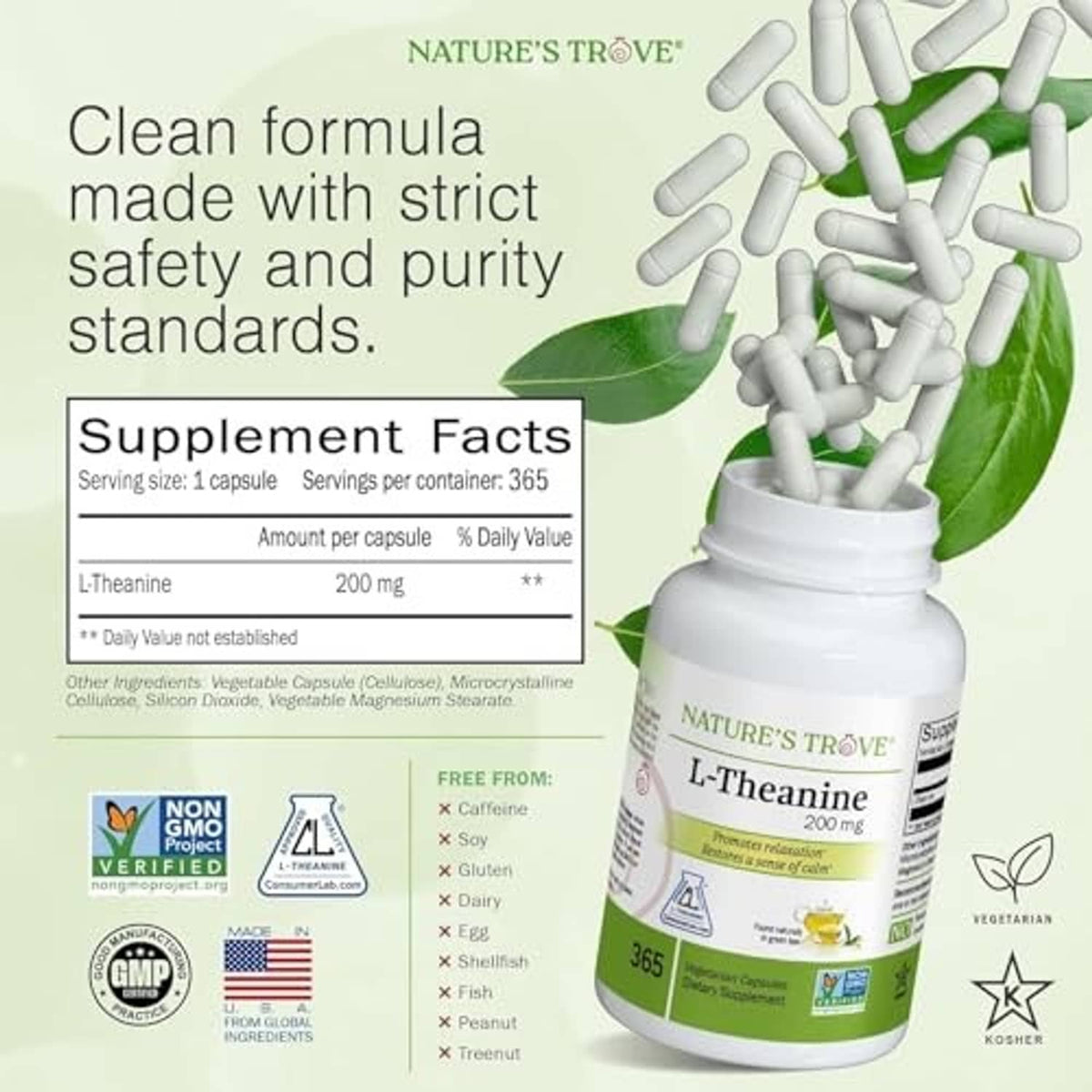L-Theanine 200 mg 365 supplement bottle with supplement facts panel and capsules