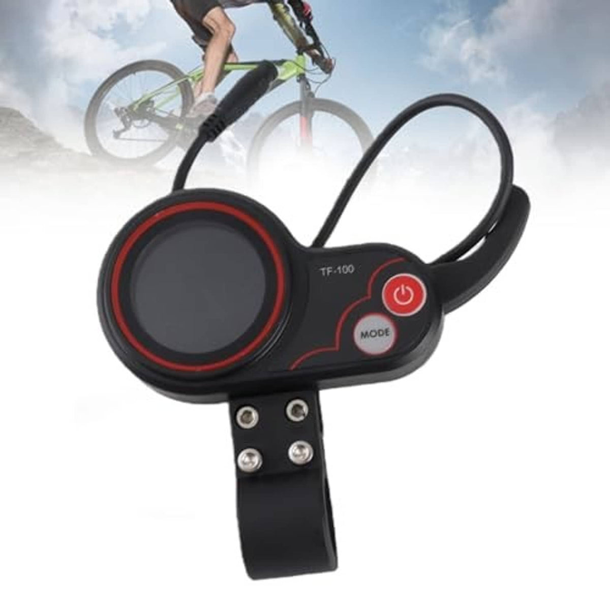 Electric scooter thumb throttle with round screen, mode button, and black wrist strap