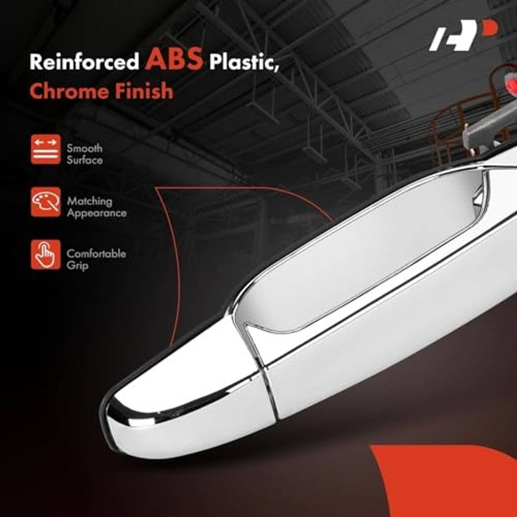 Chrome-finish exterior door handle with smooth silver ABS surface and finger opening.