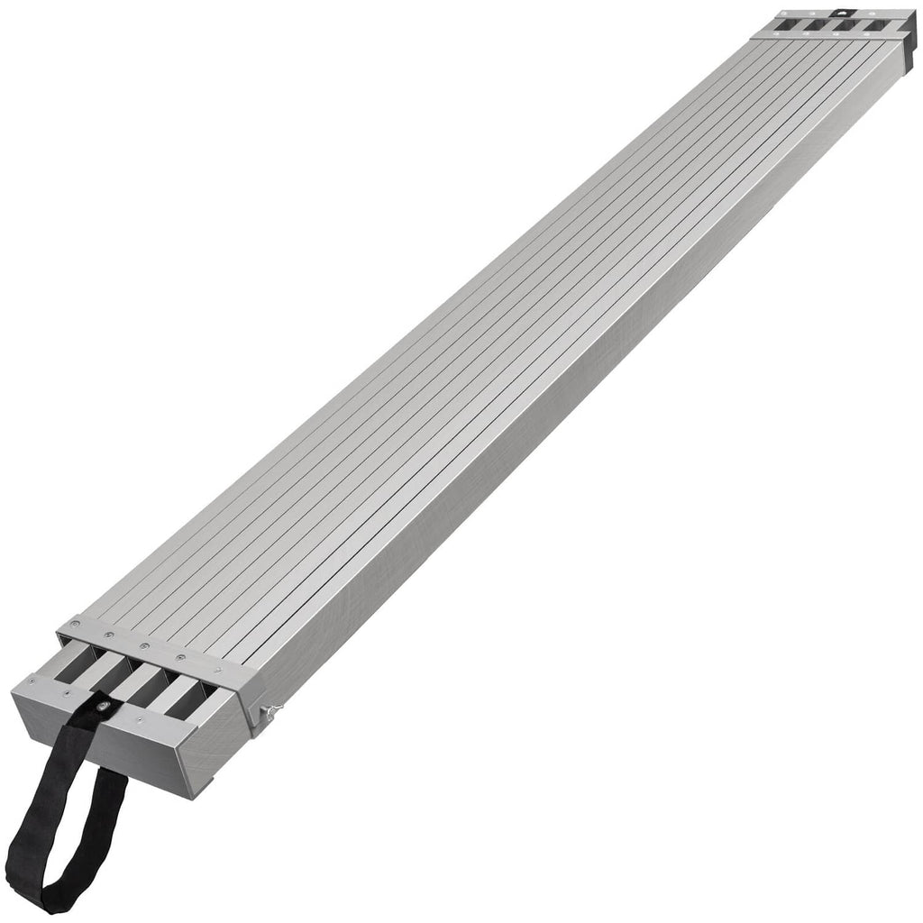 Aluminum telescoping scaffold plank with black strap handle, extended platform view