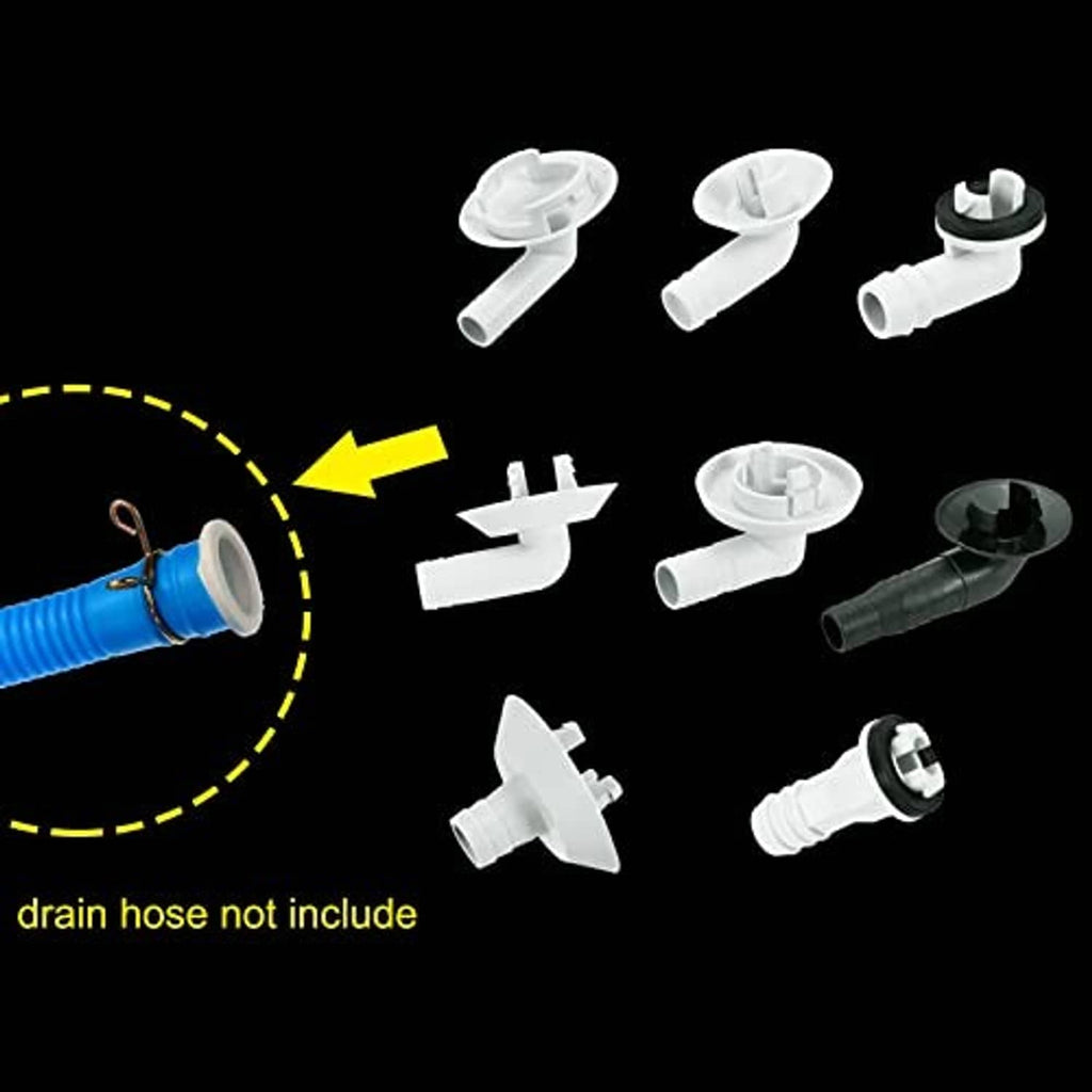 Air conditioner drain hose connector components for straight fitting, white and black parts