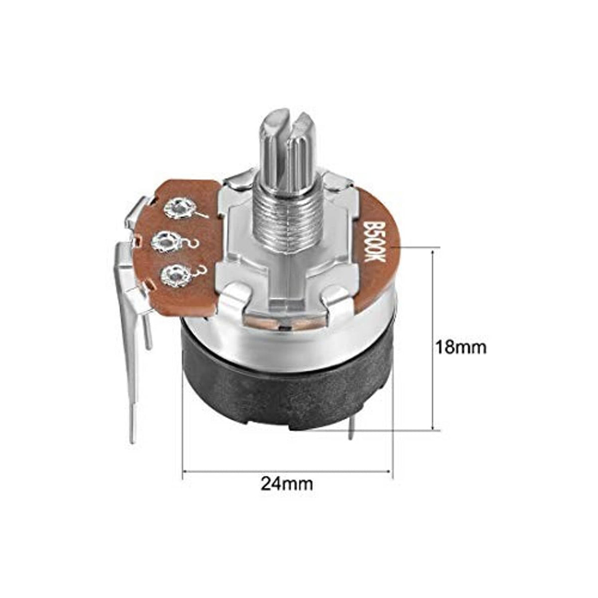 Single-turn 500K potentiometer switch, silver shaft; brown PCB; 18mm x 24mm