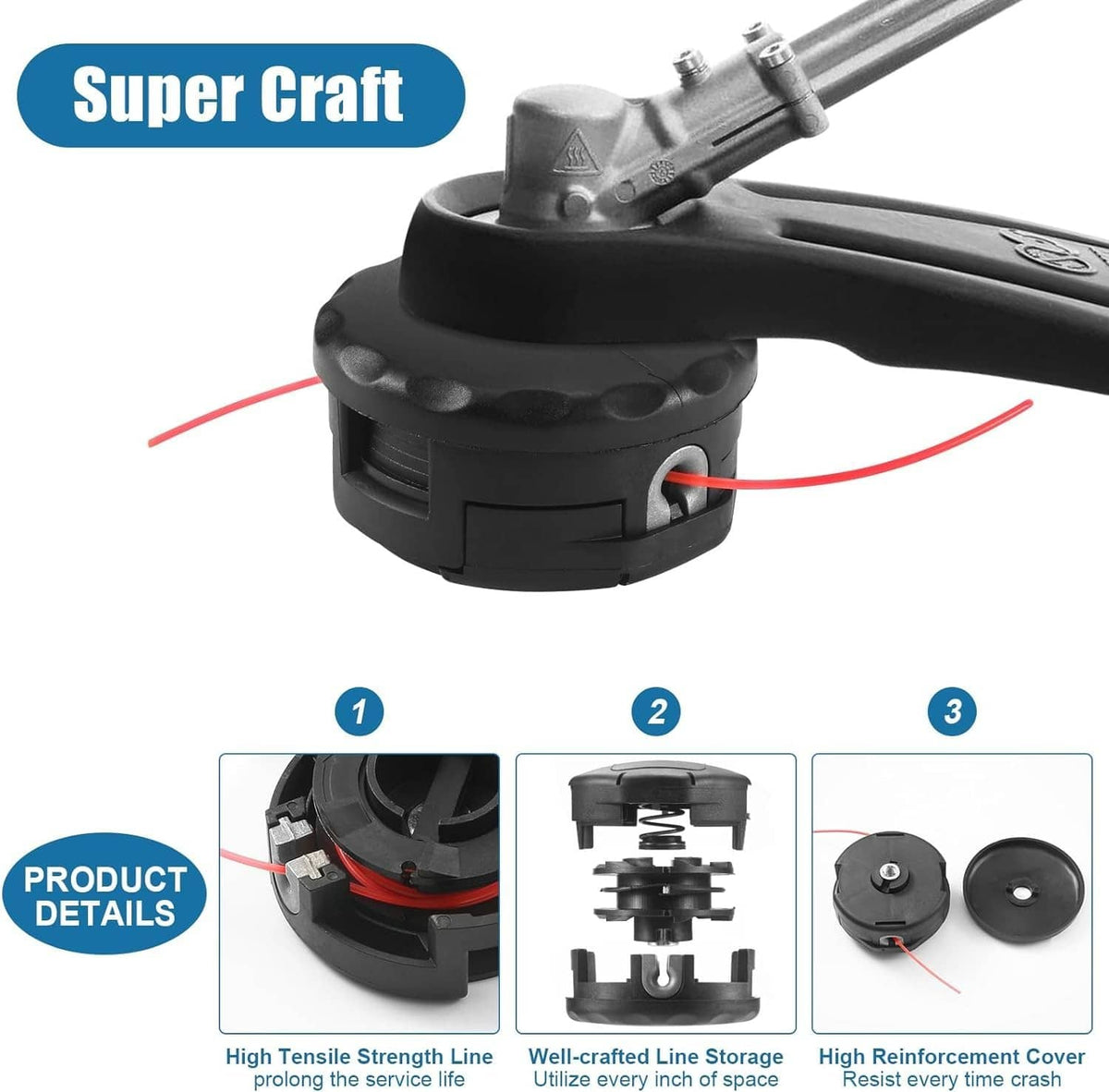 Black bump-feed string trimmer head with red cutting line and protective cover