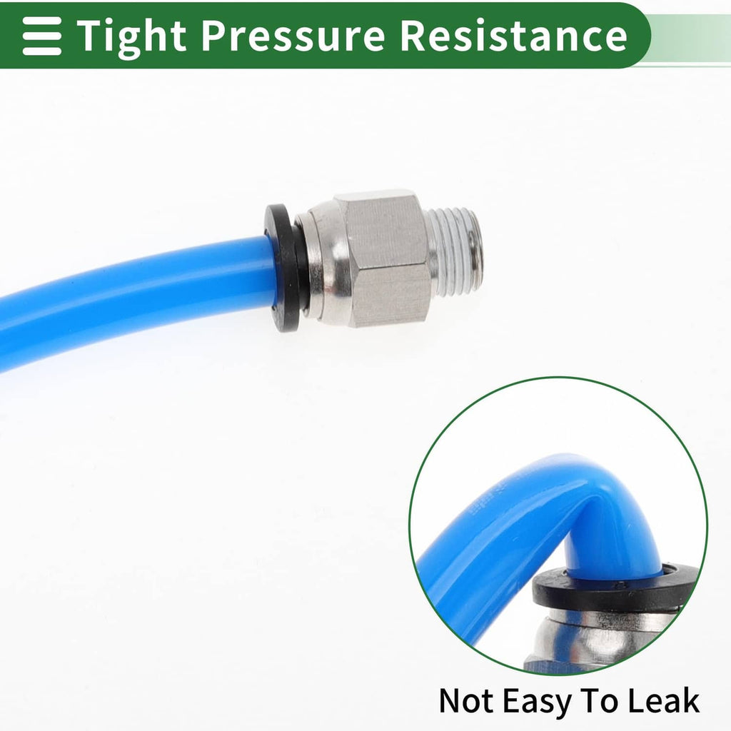 Push-to-connect air fitting with blue pneumatic tube, silver threads, and black seal