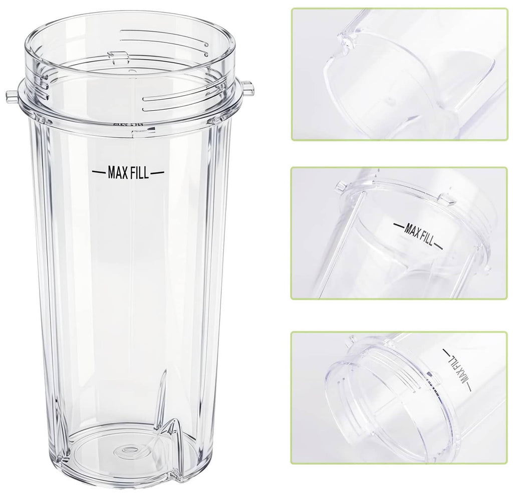 Clear blender cup with black lid and latch, MAX FILL line, 16 oz size.