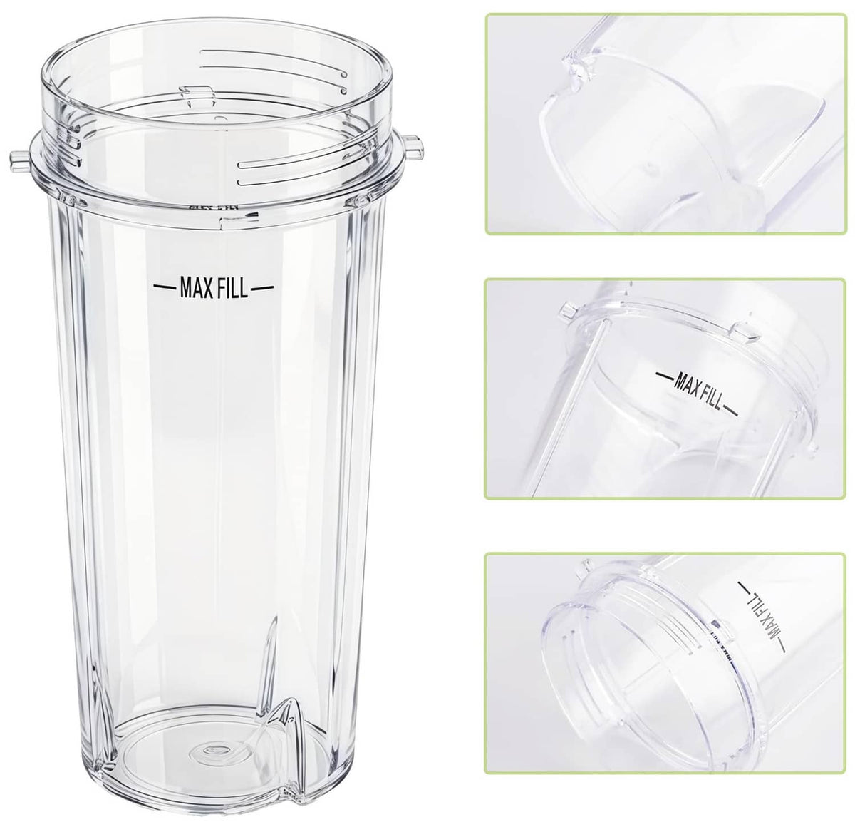 Clear blender cup with black lid and latch, MAX FILL line, 16 oz size.