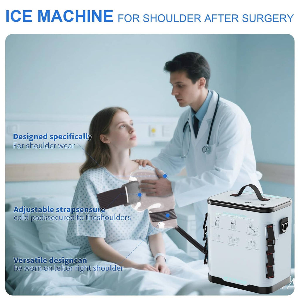 Shoulder cold therapy pad with hose attached and gray cold therapy machine