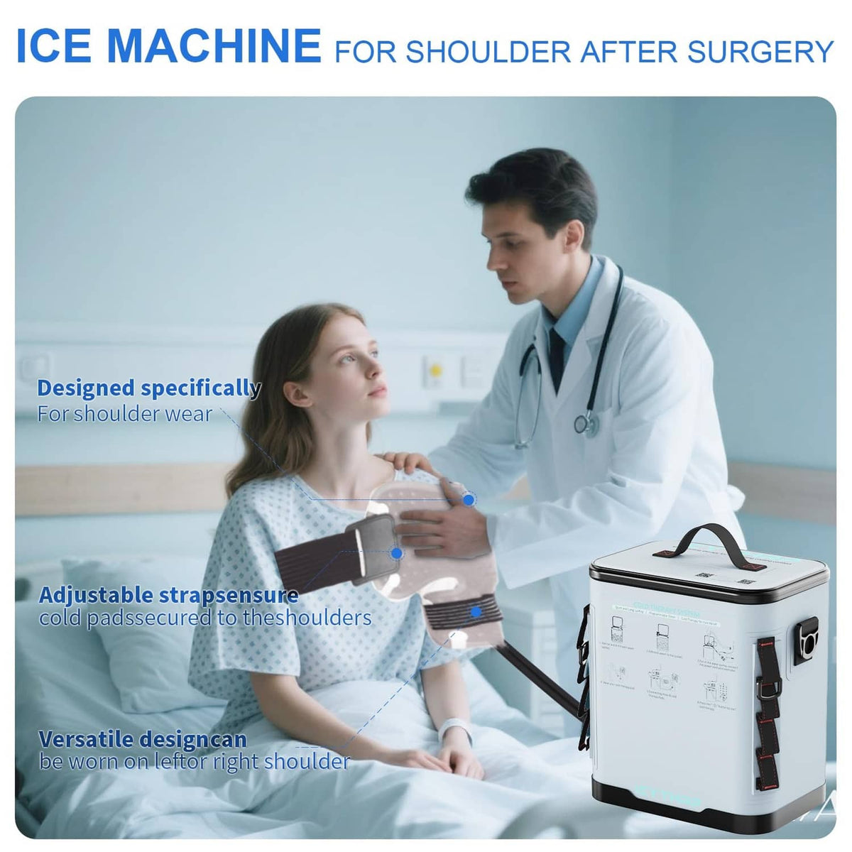 Shoulder cold therapy pad with hose attached and gray cold therapy machine