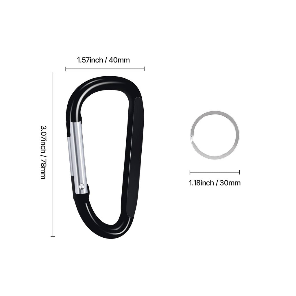 Black spring clip carabiner keyring dimensions diagram with linked keyring.