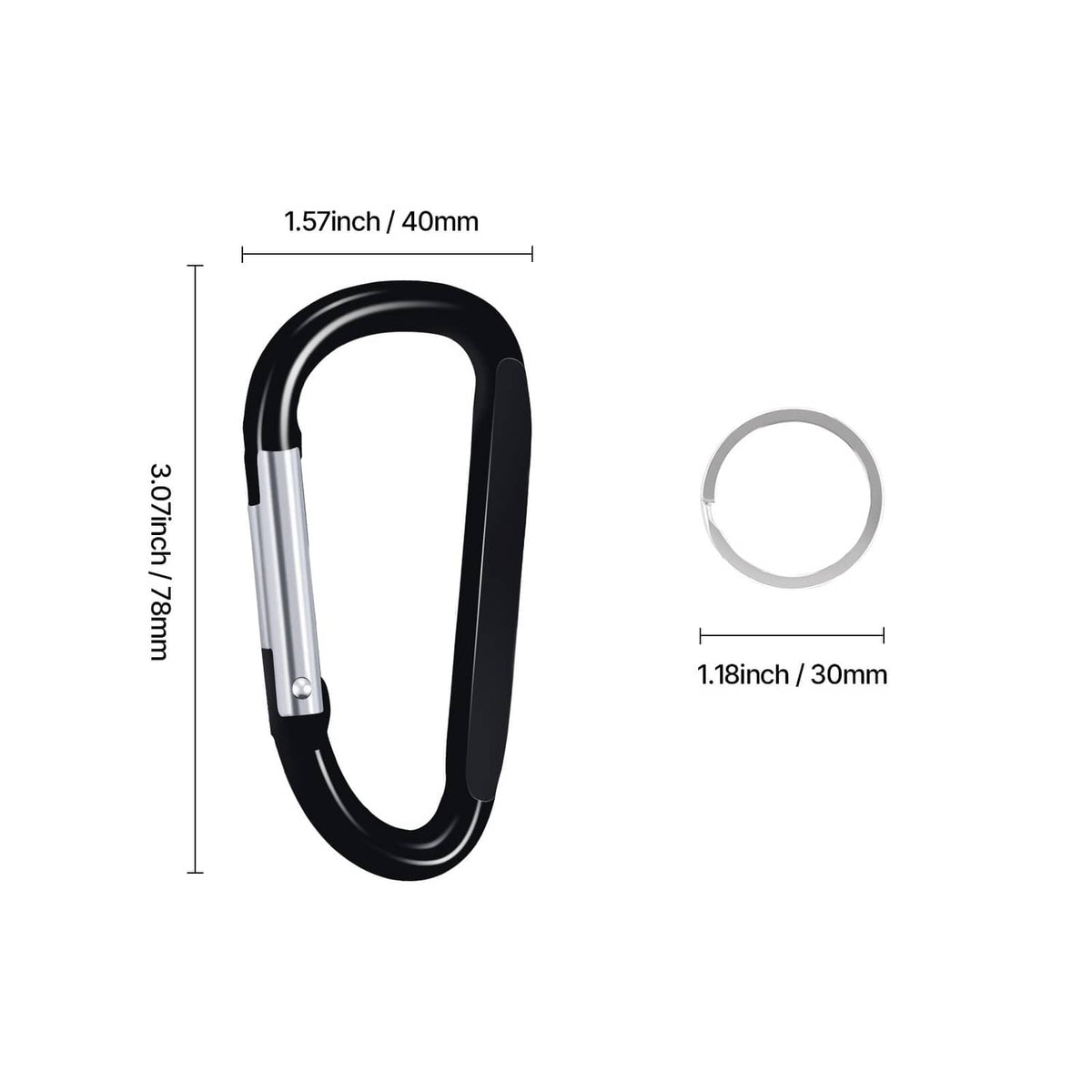 Black spring clip carabiner keyring dimensions diagram with linked keyring.