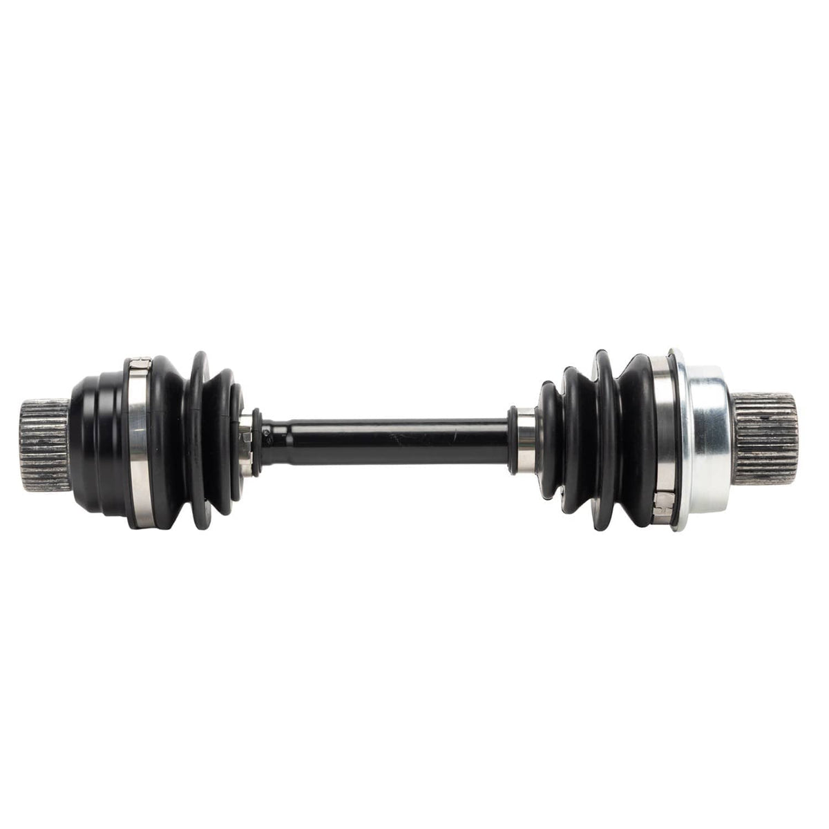 Front differential drive shaft with couplers, showing both ends and black rubber boots