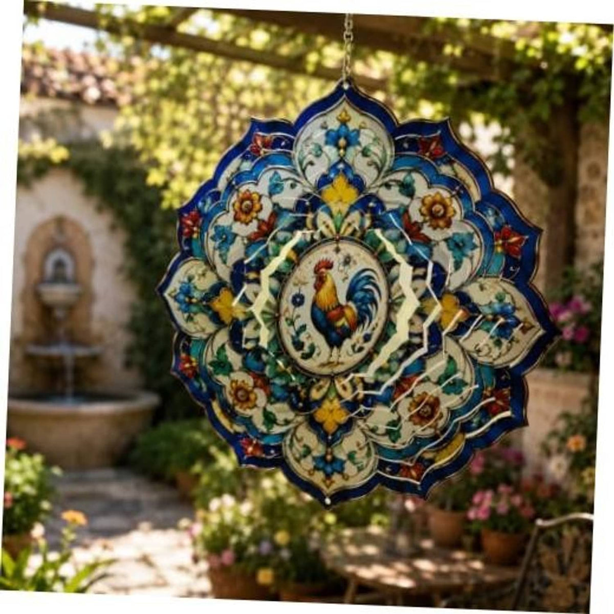 12-inch wind spinner mandala with blue and white rooster medallion and hanging chain