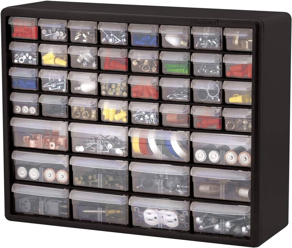 Black plastic drawer cabinet with clear drawers, assorted items stored inside