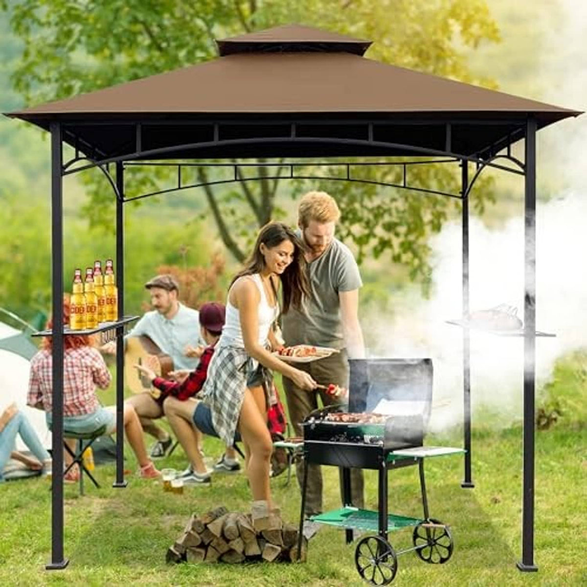 Khaki double-tier gazebo canopy top with open sides and dark metal frame for BBQ
