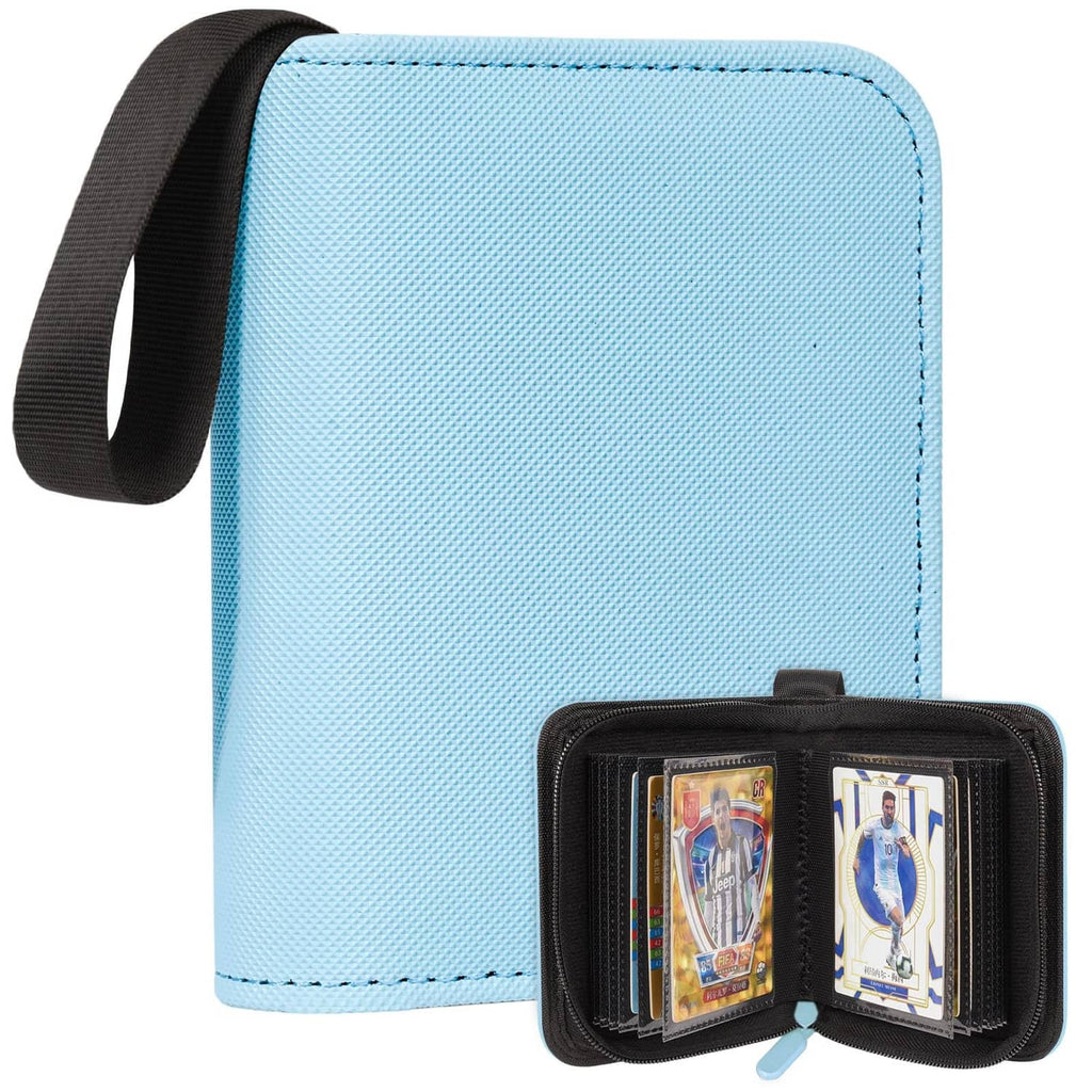 Light blue mini trading card binder with black side zipper and open card pages
