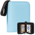 Light blue mini trading card binder with black side zipper and open card pages