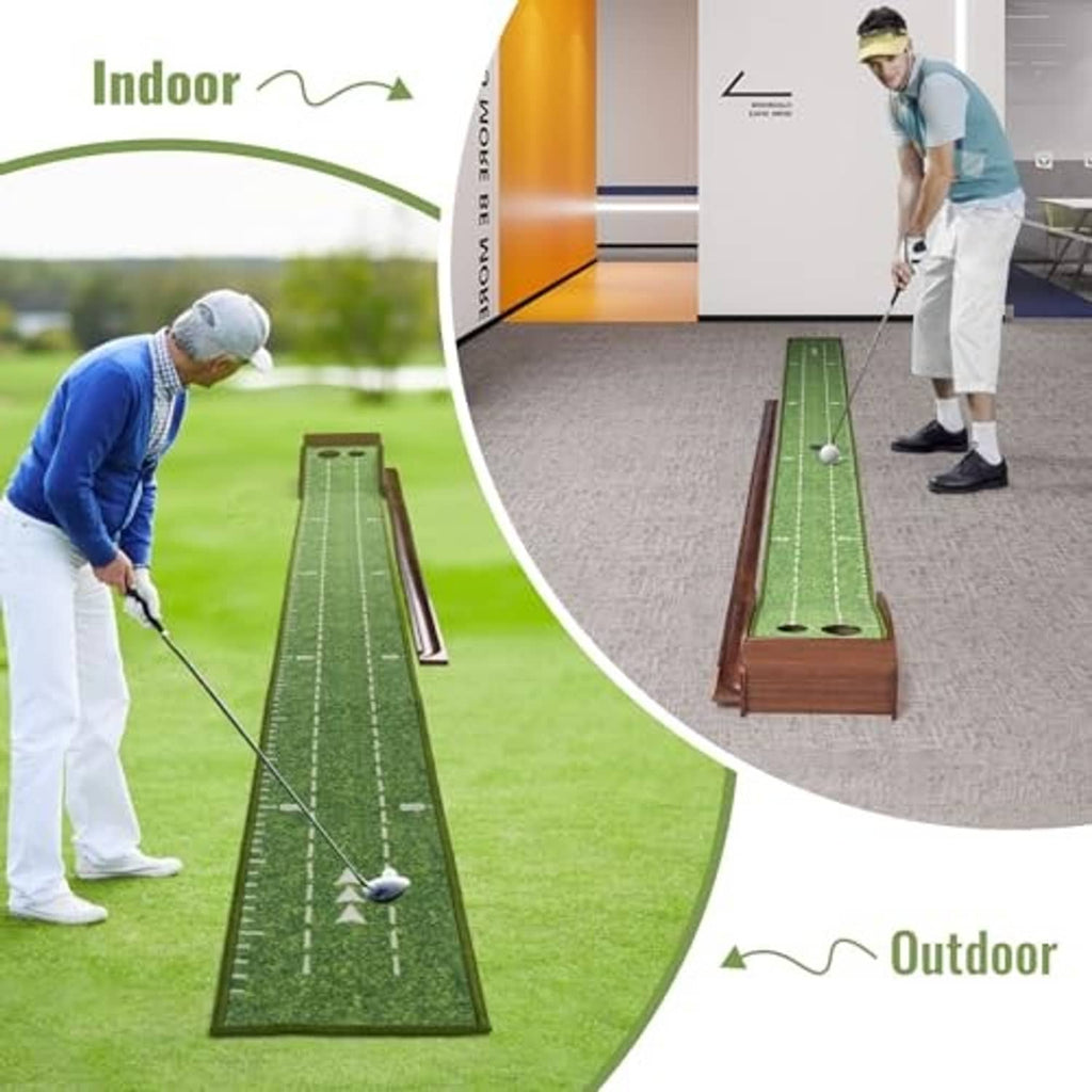 Putting practice mat with green lane, wooden frame, and golf ball on track
