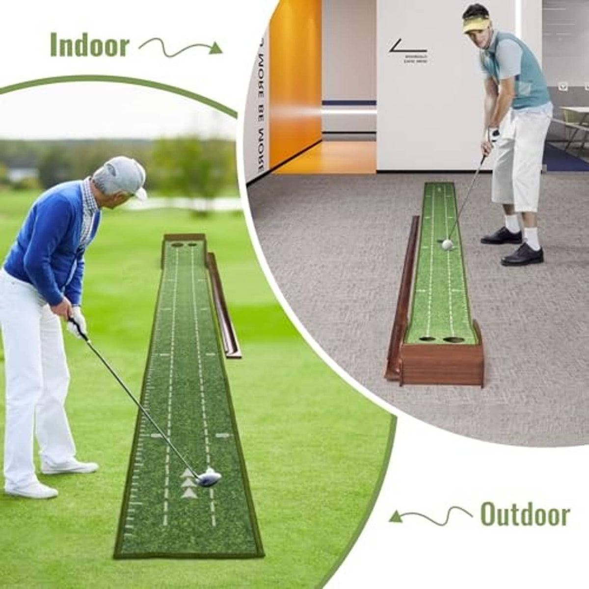 Putting practice mat with green lane, wooden frame, and golf ball on track