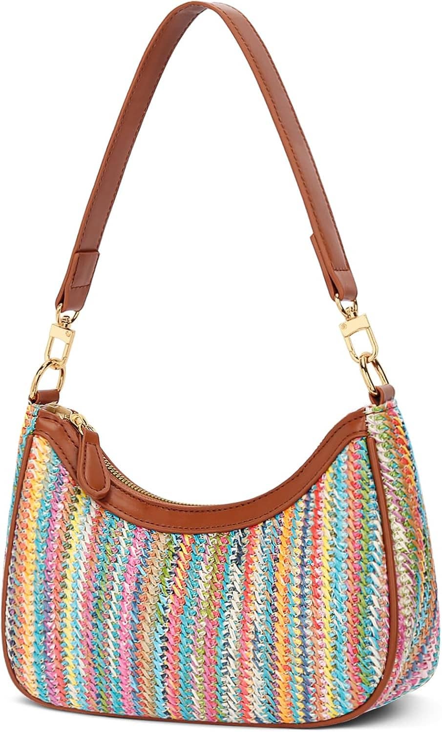 Retro underarm hobo purse, multicolor knit weave, brown handles and zip closure