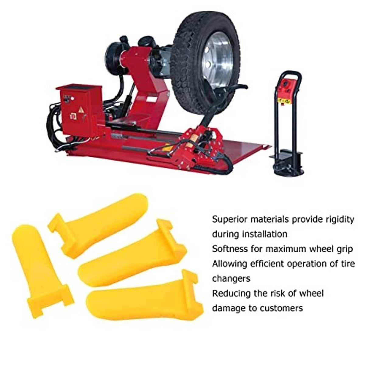 Yellow tire changer jaw clamp covers, four-piece set shown laid out