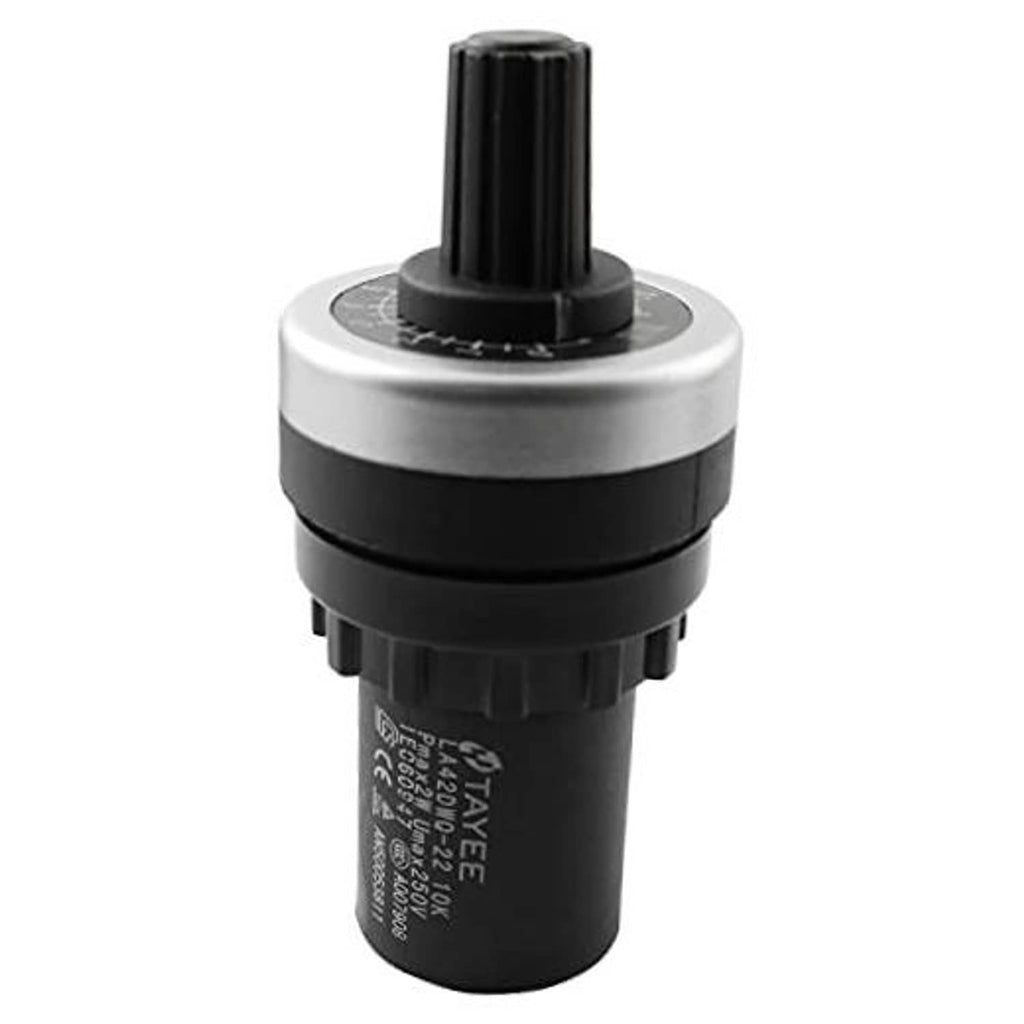 Rotary variable potentiometer with black ribbed knob and silver metal ring, black body