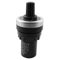 Rotary variable potentiometer with black ribbed knob and silver metal ring, black body