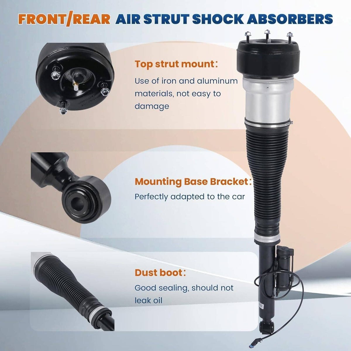Air suspension strut with top mounting cap, black base, and ribbed air spring.